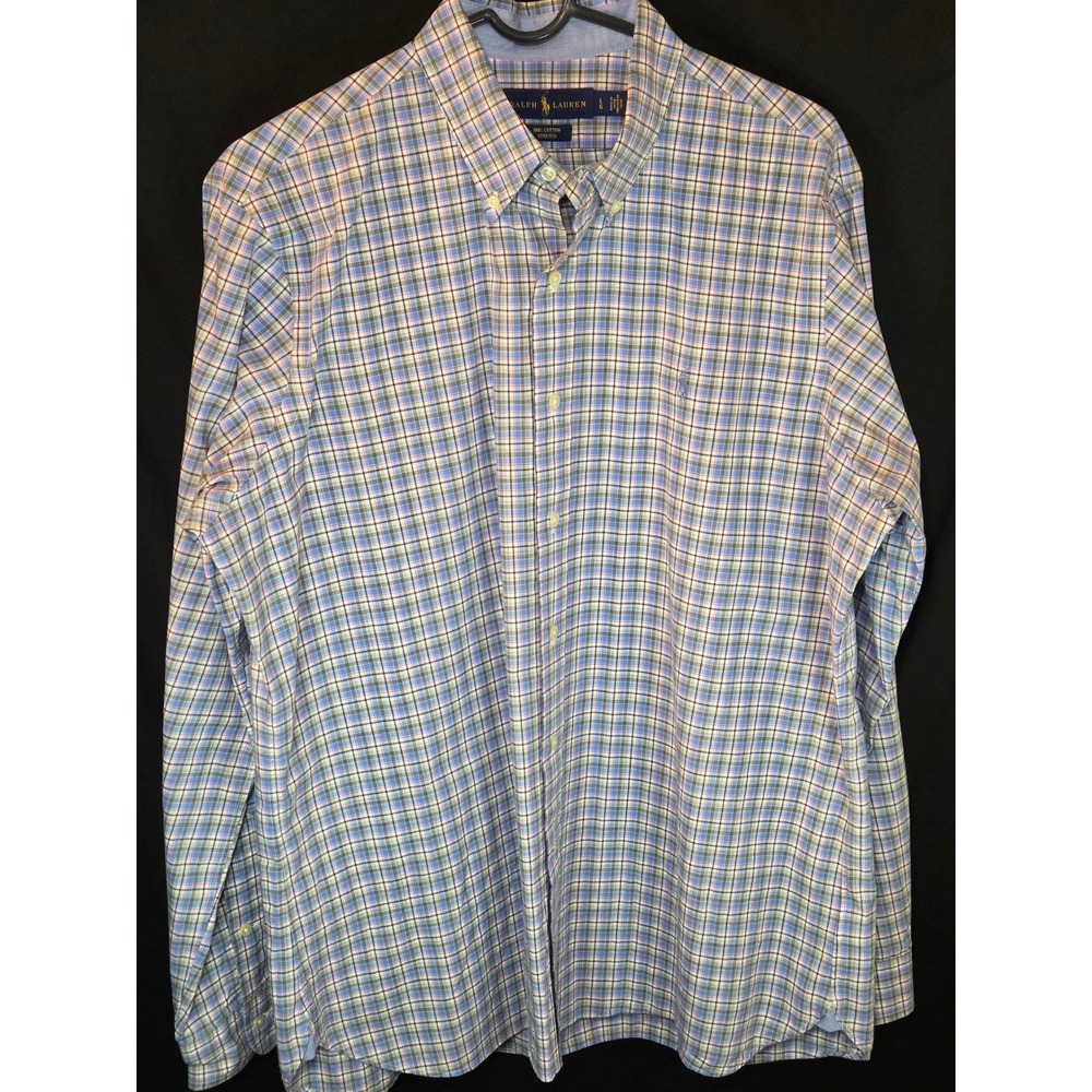 Ralph Lauren Mens Large Plaid Button Up Madras Polo Blue Pink Cotton Stretch L